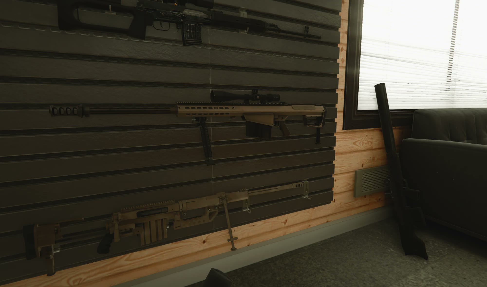 The OPFOR rack with the M107A1 and the M200, and the VKS against the wall