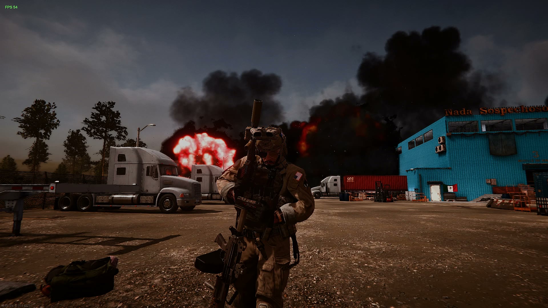 An operator walking away from a burning truck yard